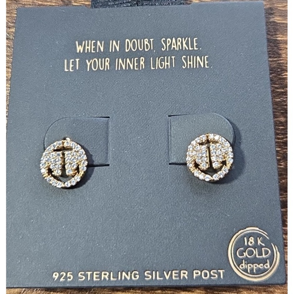 18k Gold Dipped Anchor Stud Earrings‎ 925 Sterling Silver Post Crystal Nautical